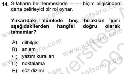 Türkçe Biçim Bilgisi Dersi 2024 - 2025 Yılı (Vize) Ara Sınav Soruları 14. Soru
