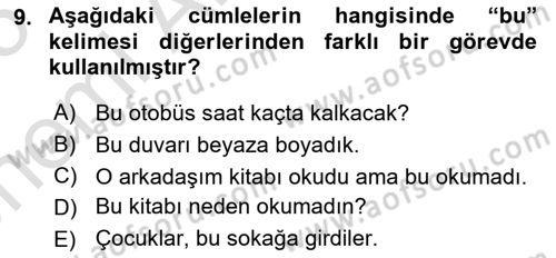 Türkçe Biçim Bilgisi Dersi 2024 - 2025 Yılı (Vize) Ara Sınav Soruları 9. Soru