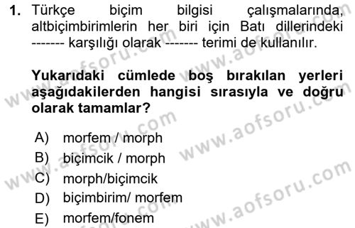 Türkçe Biçim Bilgisi Dersi 2024 - 2025 Yılı (Final) Dönem Sonu Sınav Soruları 1. Soru