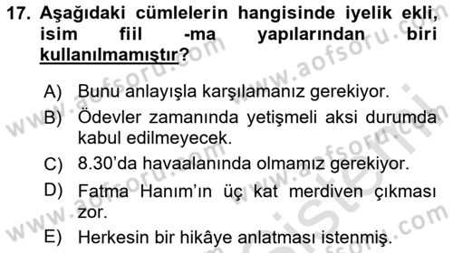 Türkçe Biçim Bilgisi Dersi 2024 - 2025 Yılı (Final) Dönem Sonu Sınav Soruları 17. Soru