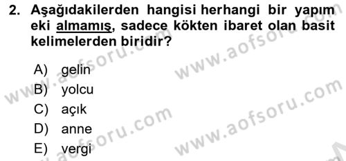 Türkçe Biçim Bilgisi Dersi 2024 - 2025 Yılı (Final) Dönem Sonu Sınav Soruları 2. Soru