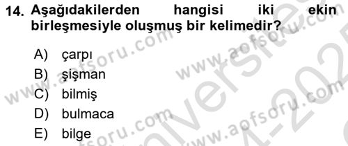Türkçe Biçim Bilgisi Dersi 2024 - 2025 Yılı Yaz Okulu Sınav Soruları 14. Soru