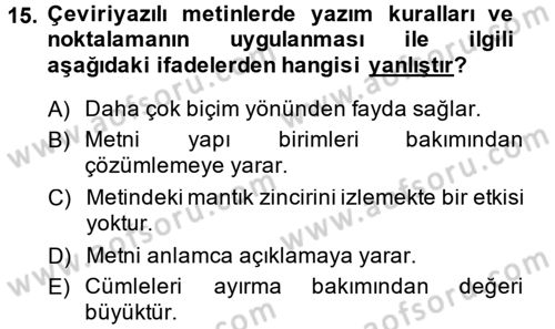 Osmanlı Türkçesine Giriş 1 Dersi 2014 - 2015 Yılı (Vize) Ara Sınav Soruları 15. Soru