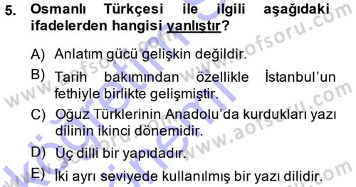 Osmanlı Türkçesine Giriş 1 Dersi 2014 - 2015 Yılı (Vize) Ara Sınav Soruları 5. Soru