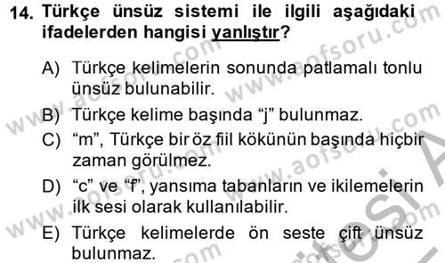 Osmanlı Türkçesine Giriş 1 Dersi 2014 - 2015 Yılı (Final) Dönem Sonu Sınav Soruları 14. Soru