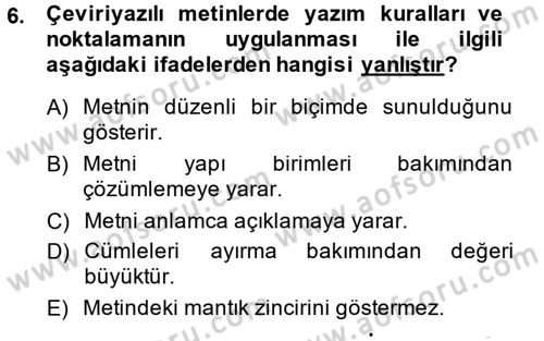 Osmanlı Türkçesine Giriş 1 Dersi 2014 - 2015 Yılı (Final) Dönem Sonu Sınav Soruları 6. Soru