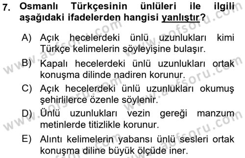 Osmanlı Türkçesine Giriş 1 Dersi 2015 - 2016 Yılı (Vize) Ara Sınav Soruları 7. Soru