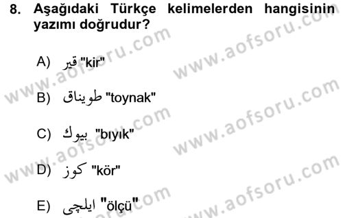 Osmanlı Türkçesine Giriş 1 Dersi 2015 - 2016 Yılı (Vize) Ara Sınav Soruları 8. Soru