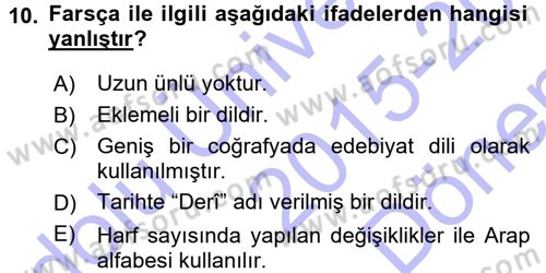 Osmanlı Türkçesine Giriş 1 Dersi 2015 - 2016 Yılı (Final) Dönem Sonu Sınavı 10. Soru