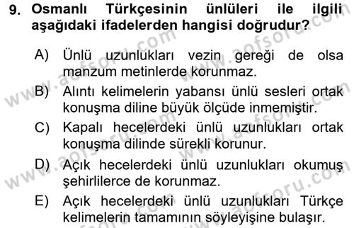 Osmanlı Türkçesine Giriş 1 Dersi 2016 - 2017 Yılı (Vize) Ara Sınav Soruları 9. Soru
