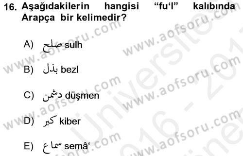 Osmanlı Türkçesine Giriş 1 Dersi 2016 - 2017 Yılı (Final) Dönem Sonu Sınav Soruları 16. Soru