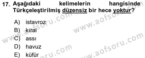 Osmanlı Türkçesine Giriş 1 Dersi 2016 - 2017 Yılı (Final) Dönem Sonu Sınav Soruları 17. Soru