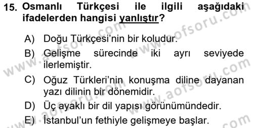 Osmanlı Türkçesine Giriş 1 Dersi 2017 - 2018 Yılı (Vize) Ara Sınav Soruları 15. Soru