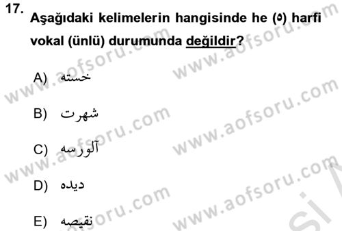 Osmanlı Türkçesine Giriş 1 Dersi 2017 - 2018 Yılı (Vize) Ara Sınav Soruları 17. Soru