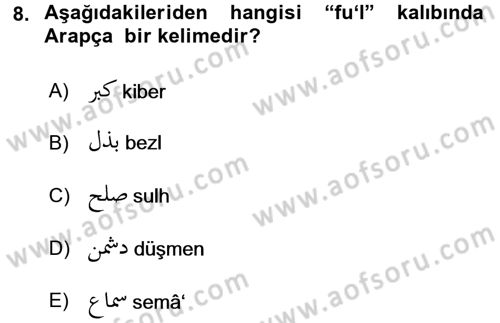 Osmanlı Türkçesine Giriş 1 Dersi 2017 - 2018 Yılı (Final) Dönem Sonu Sınav Soruları 8. Soru