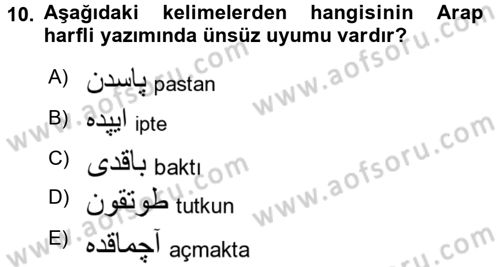 Osmanlı Türkçesine Giriş 1 Dersi 2018 - 2019 Yılı (Final) Dönem Sonu Sınav Soruları 10. Soru
