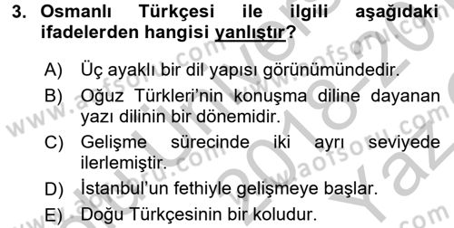 Osmanlı Türkçesine Giriş 1 Dersi 2018 - 2019 Yılı Yaz Okulu Sınav Soruları 3. Soru