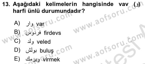 Osmanlı Türkçesine Giriş 1 Dersi 2019 - 2020 Yılı (Vize) Ara Sınav Soruları 13. Soru