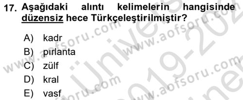 Osmanlı Türkçesine Giriş 1 Dersi 2019 - 2020 Yılı (Final) Dönem Sonu Sınav Soruları 17. Soru