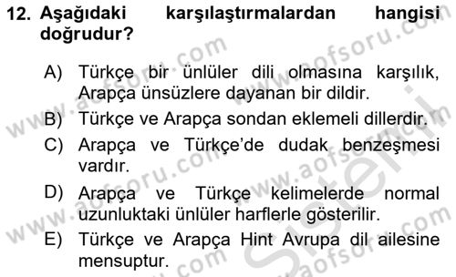 Osmanlı Türkçesine Giriş 1 Dersi 2020 - 2021 Yılı Yaz Okulu Sınav Soruları 12. Soru