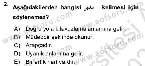 Osmanlı Türkçesine Giriş 1 Dersi 2020 - 2021 Yılı Yaz Okulu Sınav Soruları 2. Soru