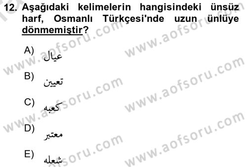 Osmanlı Türkçesine Giriş 1 Dersi Ara Sınavı Deneme Sınav Soruları 12. Soru