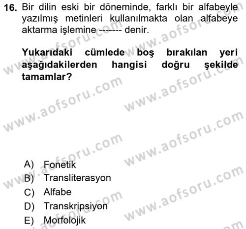 Osmanlı Türkçesine Giriş 1 Dersi 2021 - 2022 Yılı (Vize) Ara Sınav Soruları 16. Soru
