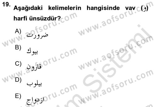 Osmanlı Türkçesine Giriş 1 Dersi Ara Sınavı Deneme Sınav Soruları 19. Soru