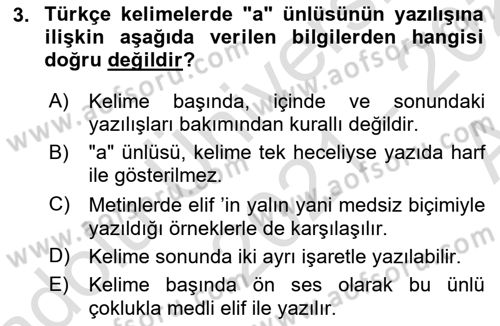 Osmanlı Türkçesine Giriş 1 Dersi Ara Sınavı Deneme Sınav Soruları 3. Soru