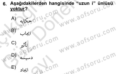 Osmanlı Türkçesine Giriş 1 Dersi 2021 - 2022 Yılı (Vize) Ara Sınav Soruları 6. Soru
