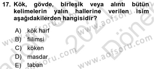 Osmanlı Türkçesine Giriş 1 Dersi 2021 - 2022 Yılı (Final) Dönem Sonu Sınav Soruları 17. Soru
