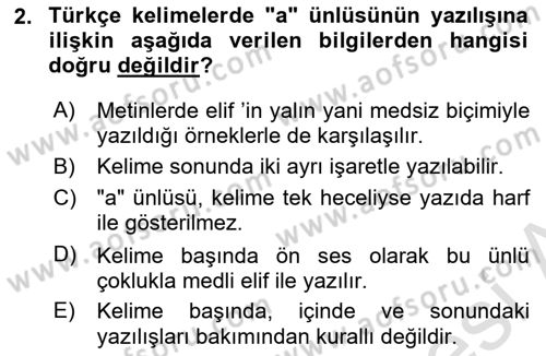 Osmanlı Türkçesine Giriş 1 Dersi 2021 - 2022 Yılı (Final) Dönem Sonu Sınav Soruları 2. Soru