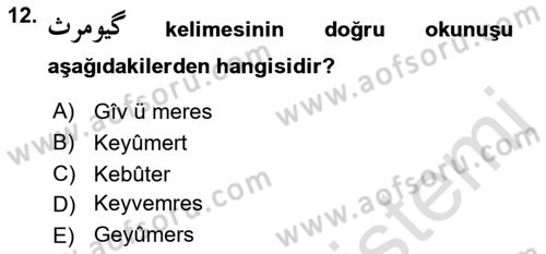 Osmanlı Türkçesine Giriş 1 Dersi 2022 - 2023 Yılı (Vize) Ara Sınav Soruları 12. Soru