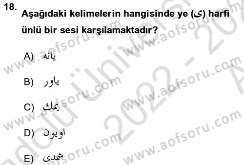Osmanlı Türkçesine Giriş 1 Dersi 2022 - 2023 Yılı (Vize) Ara Sınav Soruları 18. Soru