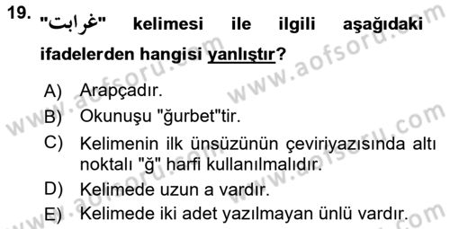 Osmanlı Türkçesine Giriş 1 Dersi 2022 - 2023 Yılı (Vize) Ara Sınav Soruları 19. Soru