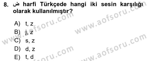 Osmanlı Türkçesine Giriş 1 Dersi 2022 - 2023 Yılı Yaz Okulu Sınav Soruları 8. Soru