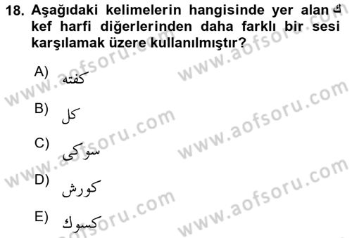 Osmanlı Türkçesine Giriş 1 Dersi Ara Sınavı Deneme Sınav Soruları 18. Soru
