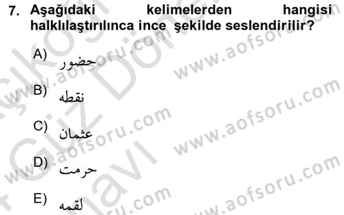 Osmanlı Türkçesine Giriş 1 Dersi Ara Sınavı Deneme Sınav Soruları 7. Soru