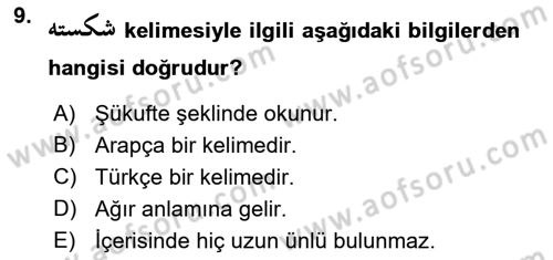 Osmanlı Türkçesine Giriş 1 Dersi 2023 - 2024 Yılı (Vize) Ara Sınav Soruları 9. Soru