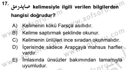 Osmanlı Türkçesine Giriş 1 Dersi 2023 - 2024 Yılı Yaz Okulu Sınav Soruları 17. Soru