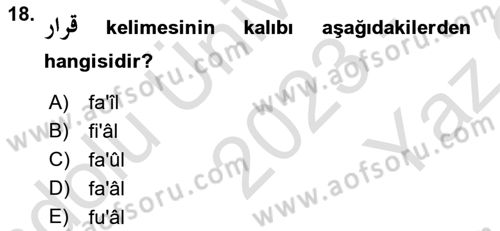 Osmanlı Türkçesine Giriş 1 Dersi 2023 - 2024 Yılı Yaz Okulu Sınav Soruları 18. Soru