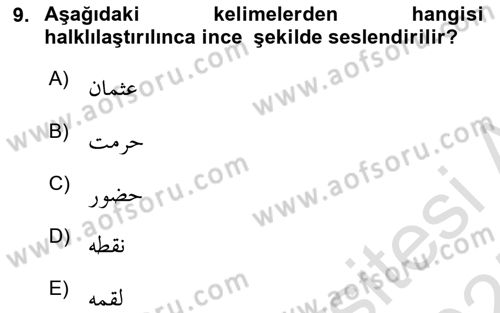 Osmanlı Türkçesine Giriş 1 Dersi 2024 - 2025 Yılı (Vize) Ara Sınav Soruları 9. Soru