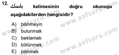 Osmanlı Türkçesine Giriş 1 Dersi 2024 - 2025 Yılı Yaz Okulu Sınav Soruları 12. Soru