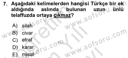 Osmanlı Türkçesine Giriş 1 Dersi 2025 - 2026 Yılı (Vize) Ara Sınav Soruları 7. Soru