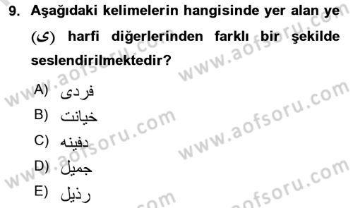 Osmanlı Türkçesine Giriş 1 Dersi 2025 - 2026 Yılı (Vize) Ara Sınav Soruları 9. Soru
