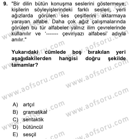 Osmanlı Türkçesine Giriş 1 Dersi 2025 - 2026 Yılı (Final) Dönem Sonu Sınav Soruları 9. Soru