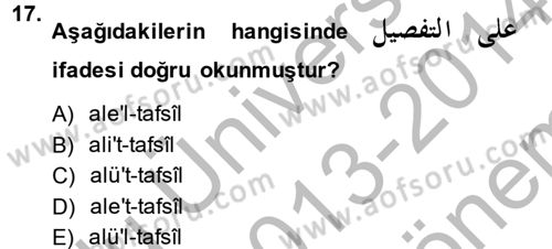 Osmanlı Türkçesine Giriş 2 Dersi 2013 - 2014 Yılı (Final) Dönem Sonu Sınav Soruları 17. Soru