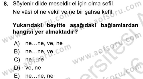 Osmanlı Türkçesine Giriş 2 Dersi 2015 - 2016 Yılı (Final) Dönem Sonu Sınav Soruları 8. Soru