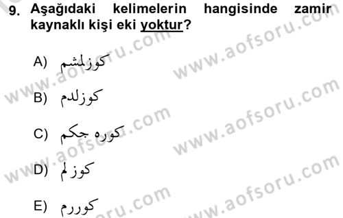 Osmanlı Türkçesine Giriş 2 Dersi 2015 - 2016 Yılı (Final) Dönem Sonu Sınav Soruları 9. Soru