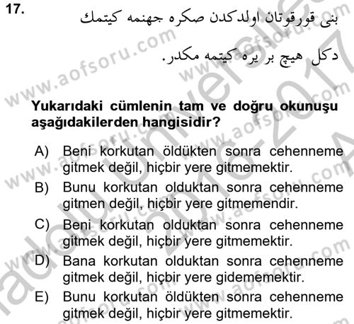 Osmanlı Türkçesine Giriş 2 Dersi 2016 - 2017 Yılı (Vize) Ara Sınav Soruları 17. Soru